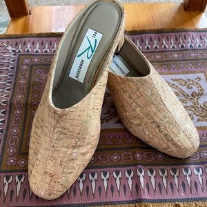 Ros Hommerson size 6.5 WW, cork leather mules with gold metallic specks.